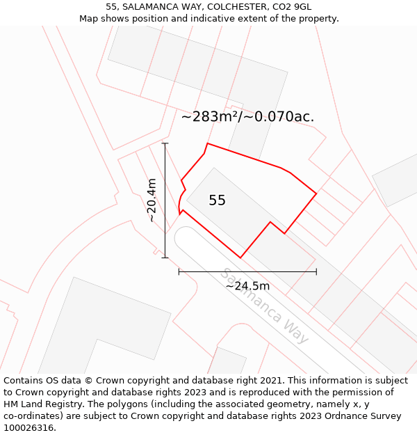 55, SALAMANCA WAY, COLCHESTER, CO2 9GL: Plot and title map