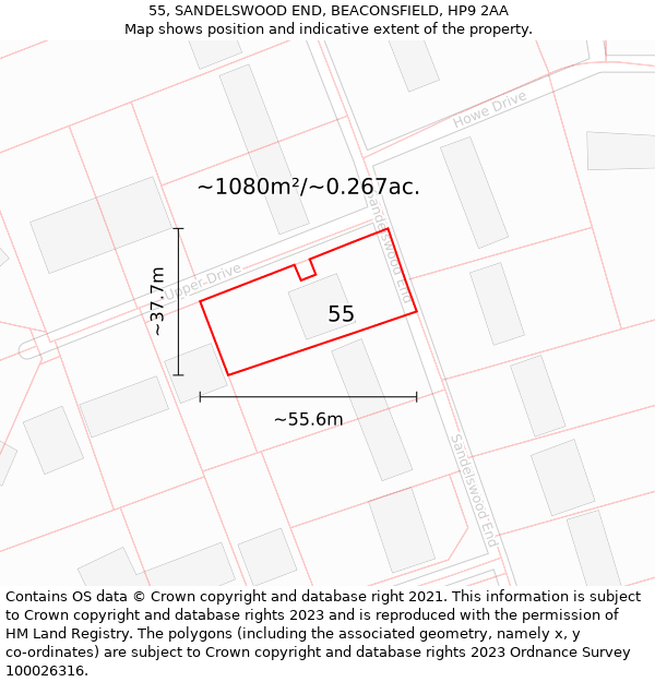 55, SANDELSWOOD END, BEACONSFIELD, HP9 2AA: Plot and title map