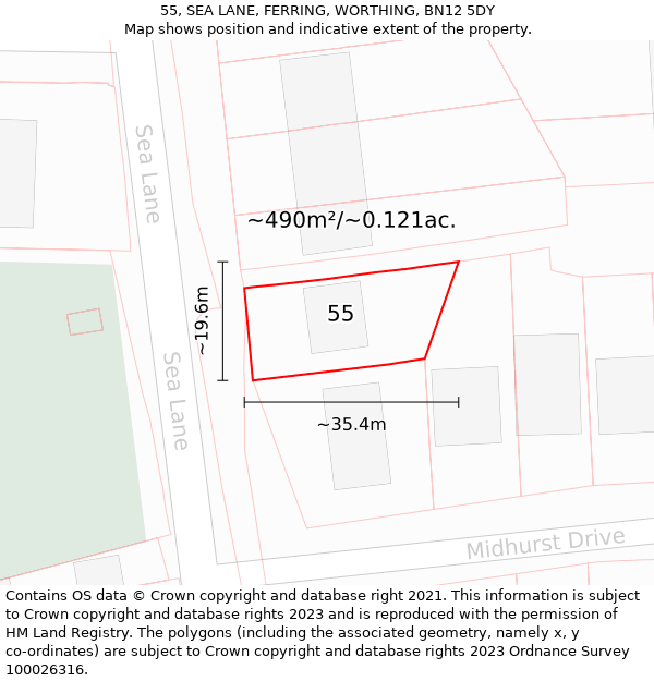 55, SEA LANE, FERRING, WORTHING, BN12 5DY: Plot and title map