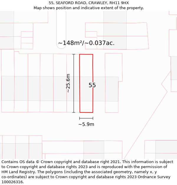 55, SEAFORD ROAD, CRAWLEY, RH11 9HX: Plot and title map