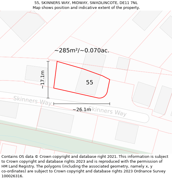 55, SKINNERS WAY, MIDWAY, SWADLINCOTE, DE11 7NL: Plot and title map