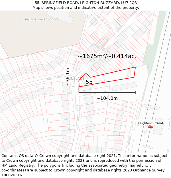 55, SPRINGFIELD ROAD, LEIGHTON BUZZARD, LU7 2QS: Plot and title map