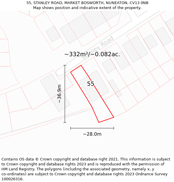 55, STANLEY ROAD, MARKET BOSWORTH, NUNEATON, CV13 0NB: Plot and title map