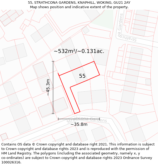 55, STRATHCONA GARDENS, KNAPHILL, WOKING, GU21 2AY: Plot and title map