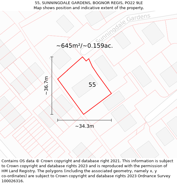 55, SUNNINGDALE GARDENS, BOGNOR REGIS, PO22 9LE: Plot and title map