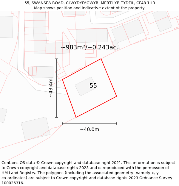 55, SWANSEA ROAD, CLWYDYFAGWYR, MERTHYR TYDFIL, CF48 1HR: Plot and title map