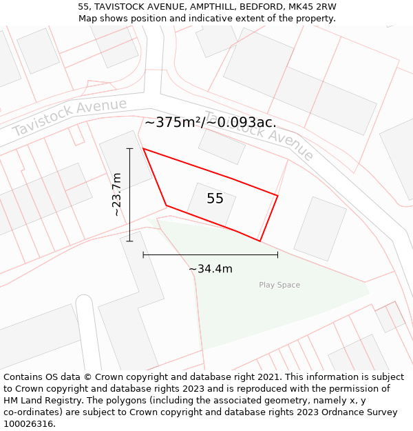 55, TAVISTOCK AVENUE, AMPTHILL, BEDFORD, MK45 2RW: Plot and title map