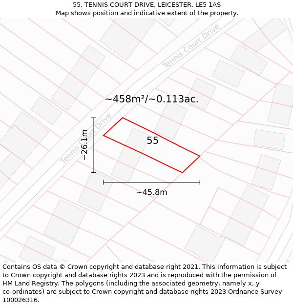 55, TENNIS COURT DRIVE, LEICESTER, LE5 1AS: Plot and title map