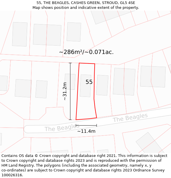 55, THE BEAGLES, CASHES GREEN, STROUD, GL5 4SE: Plot and title map