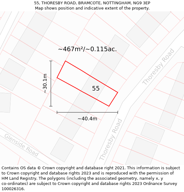 55, THORESBY ROAD, BRAMCOTE, NOTTINGHAM, NG9 3EP: Plot and title map