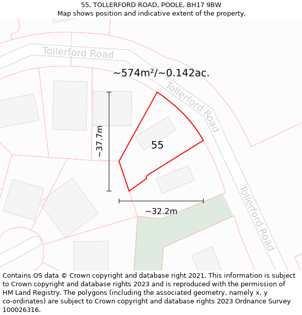 55, TOLLERFORD ROAD, POOLE, BH17 9BW: Plot and title map