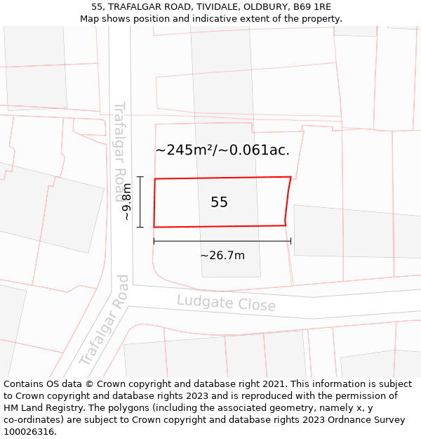 55, TRAFALGAR ROAD, TIVIDALE, OLDBURY, B69 1RE: Plot and title map