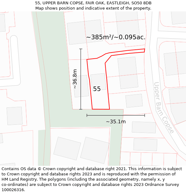 55, UPPER BARN COPSE, FAIR OAK, EASTLEIGH, SO50 8DB: Plot and title map