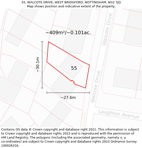 55, WALCOTE DRIVE, WEST BRIDGFORD, NOTTINGHAM, NG2 7JQ: Plot and title map