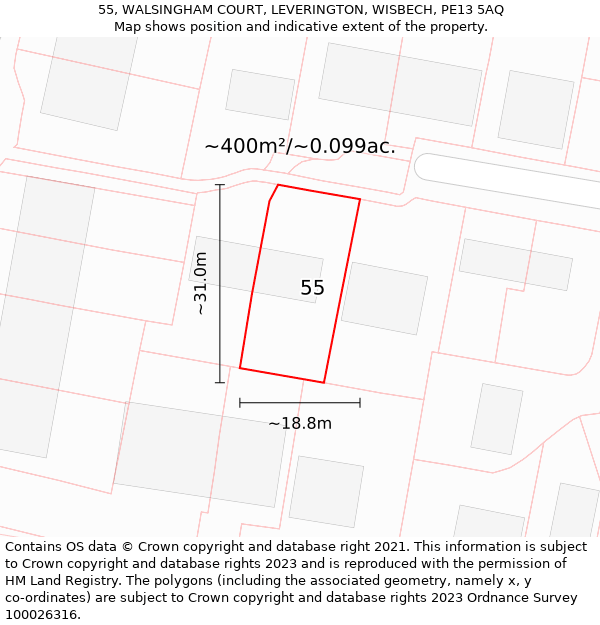 55, WALSINGHAM COURT, LEVERINGTON, WISBECH, PE13 5AQ: Plot and title map