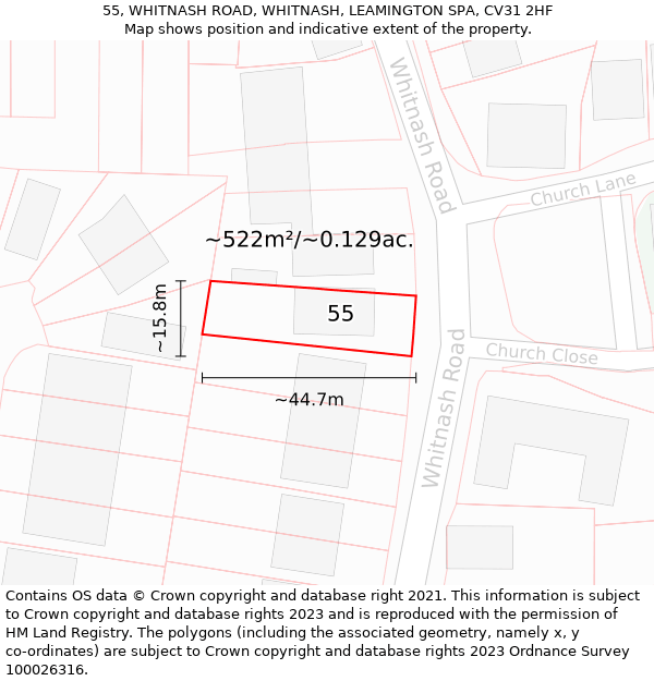 55, WHITNASH ROAD, WHITNASH, LEAMINGTON SPA, CV31 2HF: Plot and title map