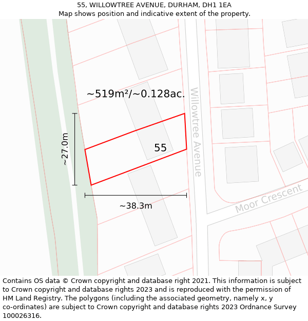 55, WILLOWTREE AVENUE, DURHAM, DH1 1EA: Plot and title map