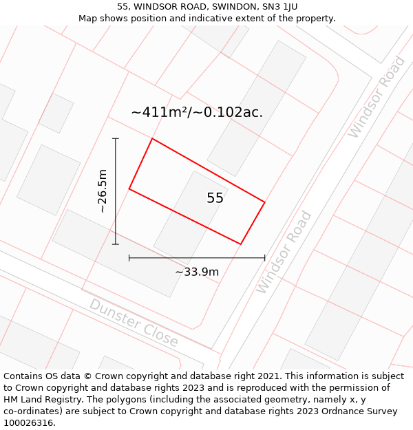 55, WINDSOR ROAD, SWINDON, SN3 1JU: Plot and title map