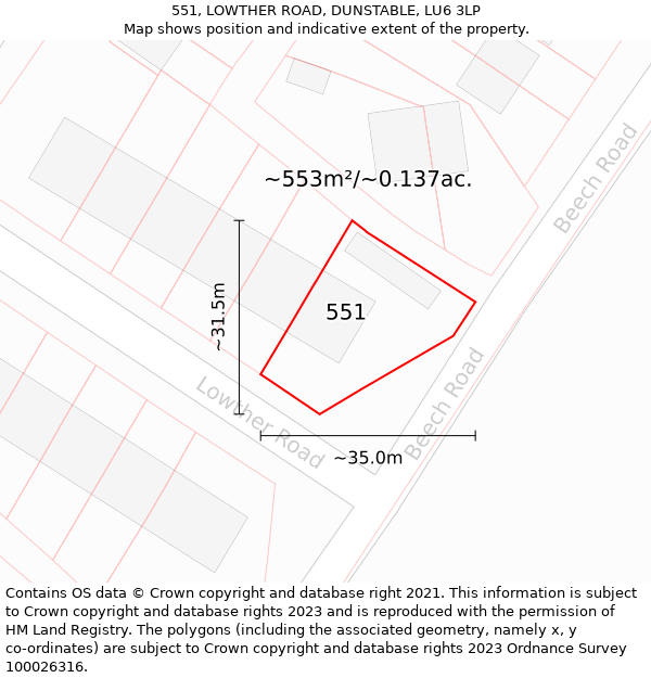 551, LOWTHER ROAD, DUNSTABLE, LU6 3LP: Plot and title map