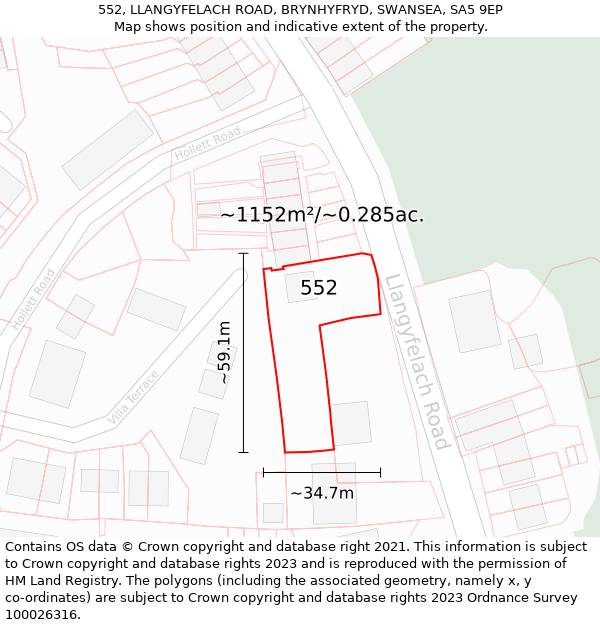 552, LLANGYFELACH ROAD, BRYNHYFRYD, SWANSEA, SA5 9EP: Plot and title map