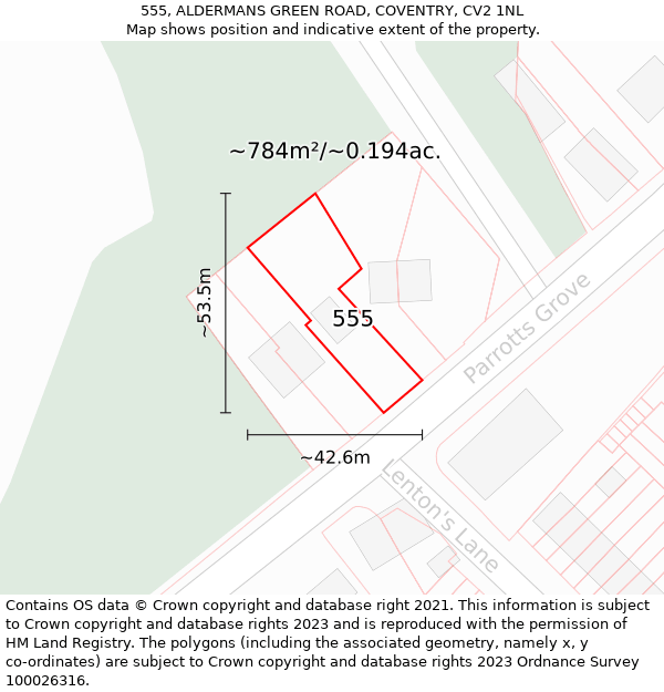 555, ALDERMANS GREEN ROAD, COVENTRY, CV2 1NL: Plot and title map