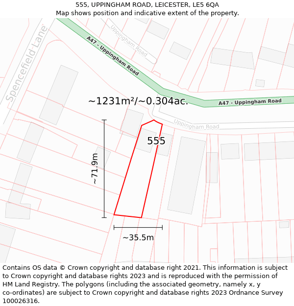 555, UPPINGHAM ROAD, LEICESTER, LE5 6QA: Plot and title map