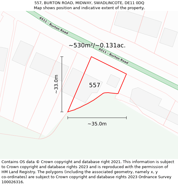 557, BURTON ROAD, MIDWAY, SWADLINCOTE, DE11 0DQ: Plot and title map