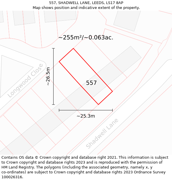 557, SHADWELL LANE, LEEDS, LS17 8AP: Plot and title map