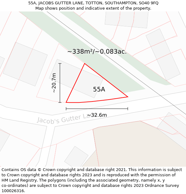 55A, JACOBS GUTTER LANE, TOTTON, SOUTHAMPTON, SO40 9FQ: Plot and title map