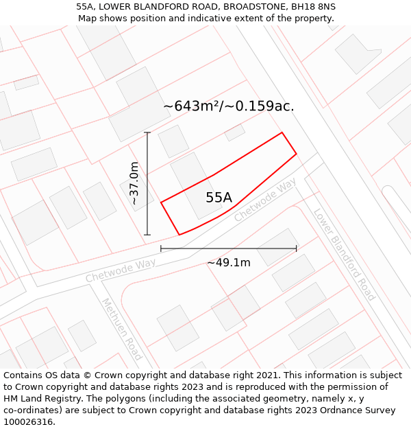 55A, LOWER BLANDFORD ROAD, BROADSTONE, BH18 8NS: Plot and title map