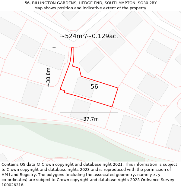 56, BILLINGTON GARDENS, HEDGE END, SOUTHAMPTON, SO30 2RY: Plot and title map