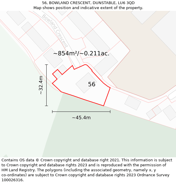 56, BOWLAND CRESCENT, DUNSTABLE, LU6 3QD: Plot and title map