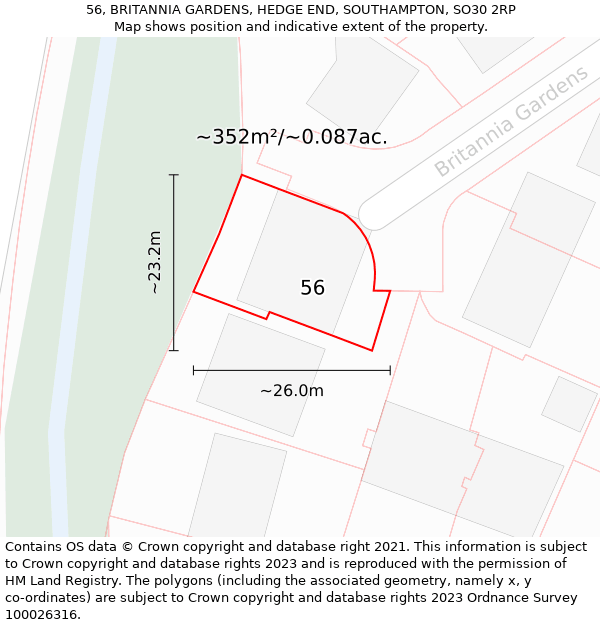 56, BRITANNIA GARDENS, HEDGE END, SOUTHAMPTON, SO30 2RP: Plot and title map