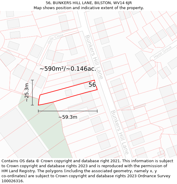 56, BUNKERS HILL LANE, BILSTON, WV14 6JR: Plot and title map