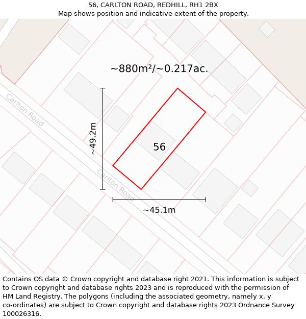 56, CARLTON ROAD, REDHILL, RH1 2BX: Plot and title map