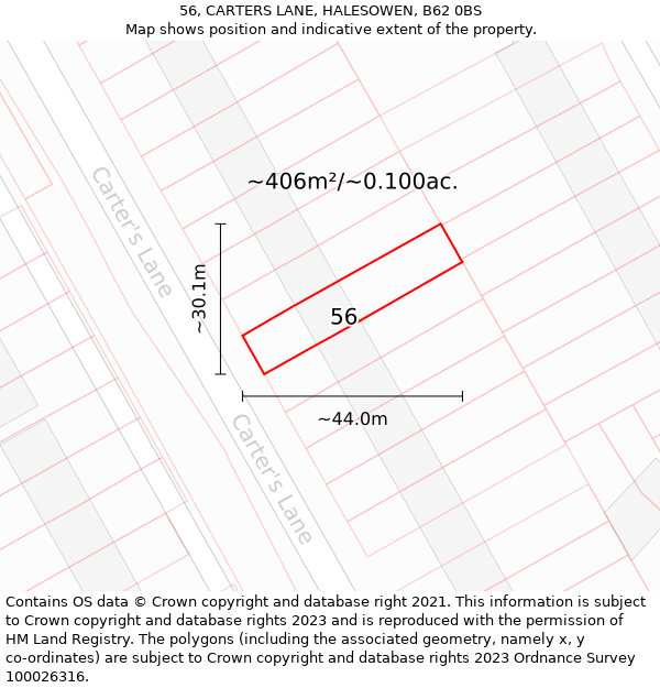 56, CARTERS LANE, HALESOWEN, B62 0BS: Plot and title map