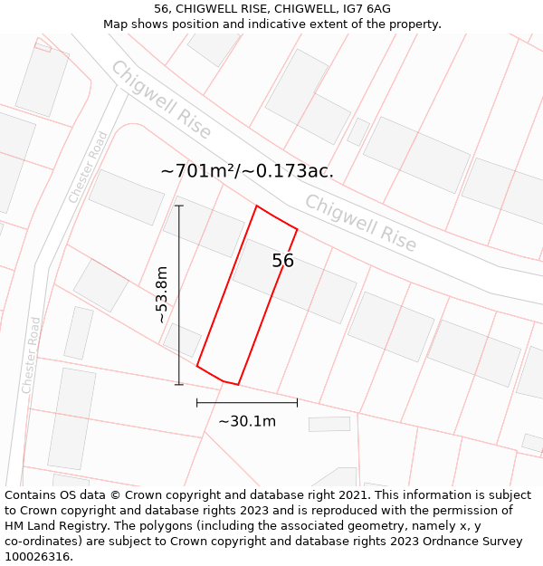 56, CHIGWELL RISE, CHIGWELL, IG7 6AG: Plot and title map