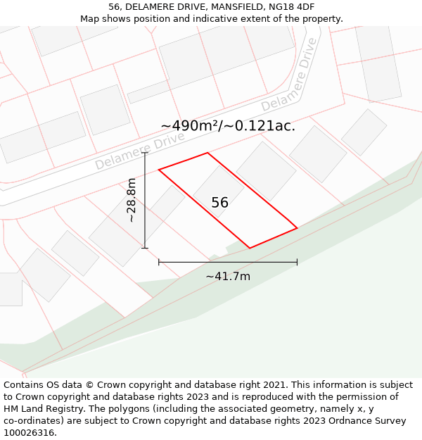 56, DELAMERE DRIVE, MANSFIELD, NG18 4DF: Plot and title map