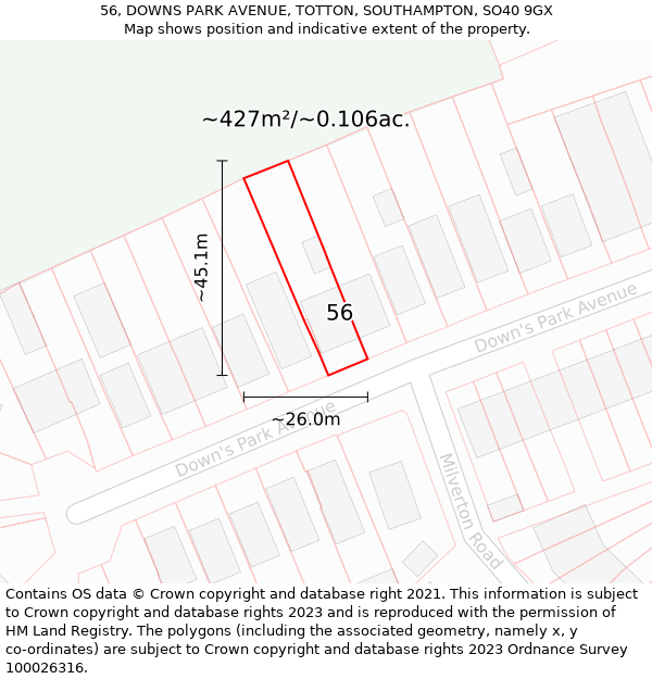 56, DOWNS PARK AVENUE, TOTTON, SOUTHAMPTON, SO40 9GX: Plot and title map