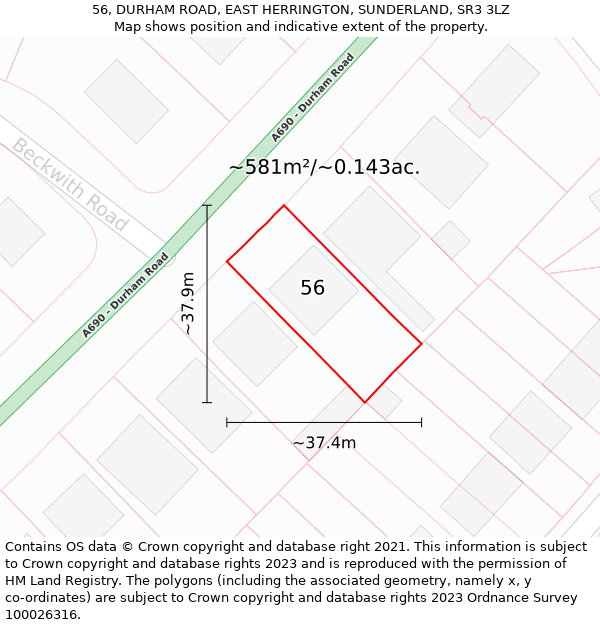 56, DURHAM ROAD, EAST HERRINGTON, SUNDERLAND, SR3 3LZ: Plot and title map