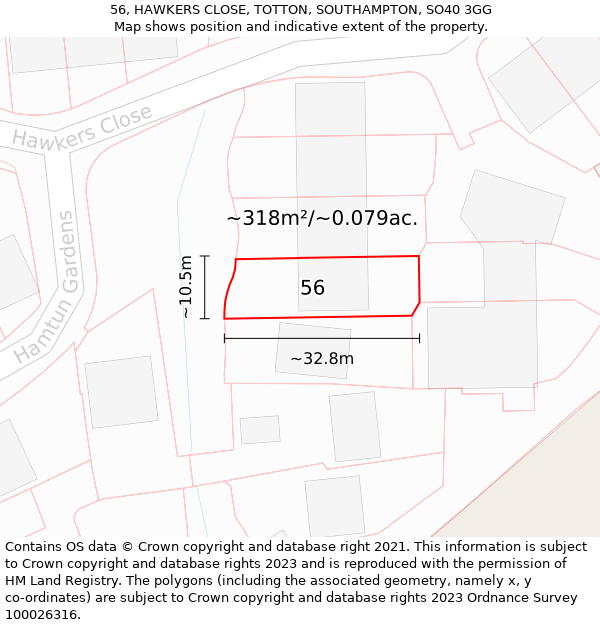 56, HAWKERS CLOSE, TOTTON, SOUTHAMPTON, SO40 3GG: Plot and title map