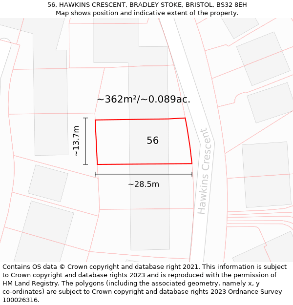 56, HAWKINS CRESCENT, BRADLEY STOKE, BRISTOL, BS32 8EH: Plot and title map