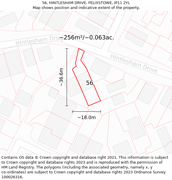 56, HINTLESHAM DRIVE, FELIXSTOWE, IP11 2YL: Plot and title map