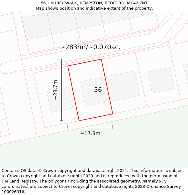 56, LAUREL WALK, KEMPSTON, BEDFORD, MK42 7NT: Plot and title map