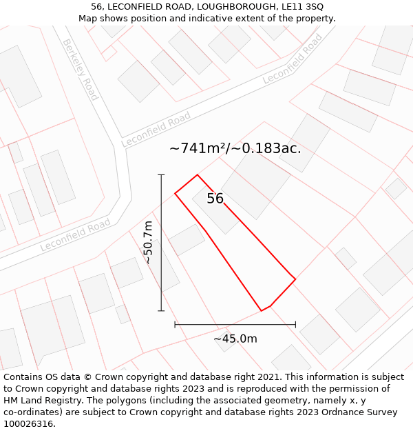 56, LECONFIELD ROAD, LOUGHBOROUGH, LE11 3SQ: Plot and title map