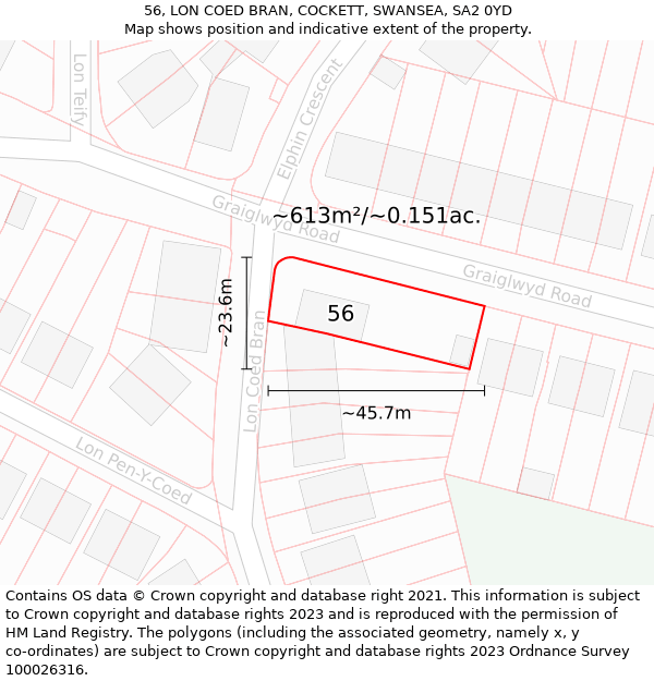 56, LON COED BRAN, COCKETT, SWANSEA, SA2 0YD: Plot and title map