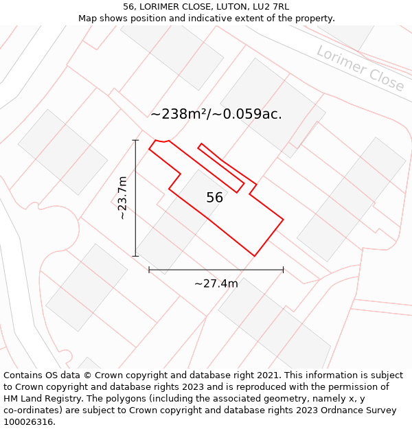 56, LORIMER CLOSE, LUTON, LU2 7RL: Plot and title map