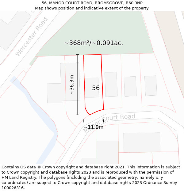 56, MANOR COURT ROAD, BROMSGROVE, B60 3NP: Plot and title map