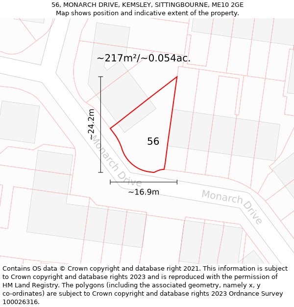 56, MONARCH DRIVE, KEMSLEY, SITTINGBOURNE, ME10 2GE: Plot and title map
