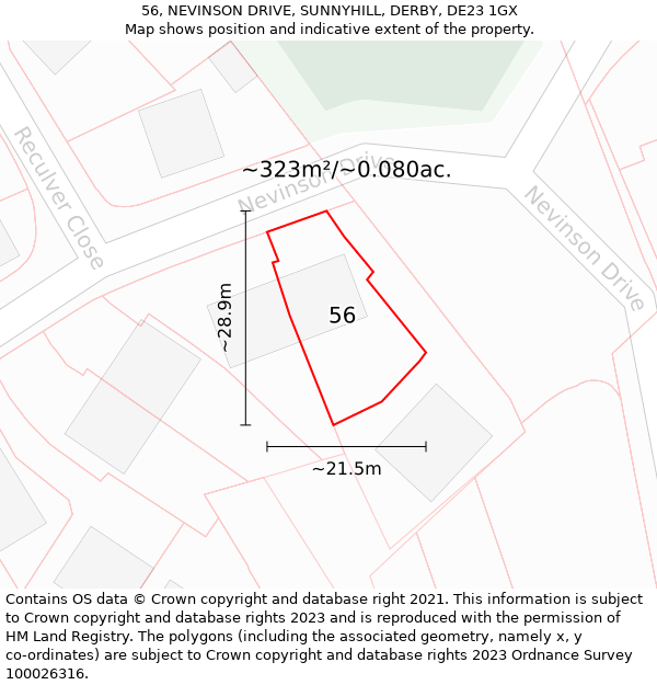 56, NEVINSON DRIVE, SUNNYHILL, DERBY, DE23 1GX: Plot and title map